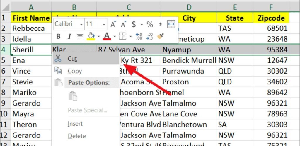 Move a Row by Cut-and-Paste Method in Excel